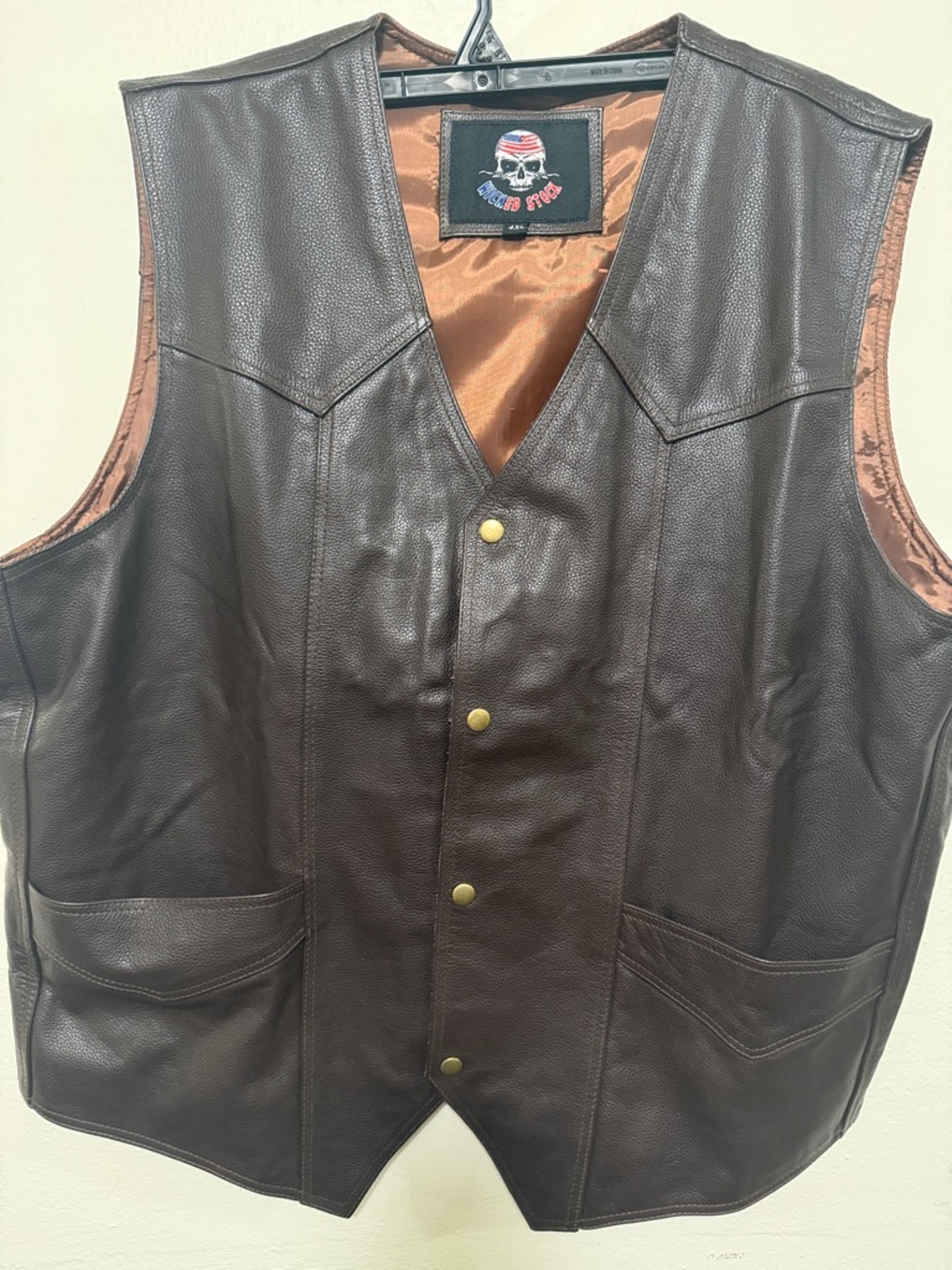 Wicked Stock brown leather men big & tall 4 XL brown vest motorcycle snap button